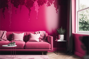 A stunning render of a dining area with magenta Pantone decoration and elegant furniture