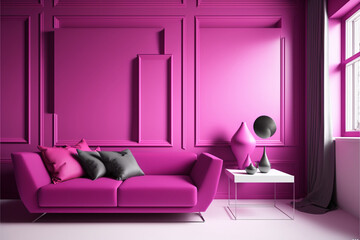 A stunning image of a dining area with magenta Pantone decoration and elegant furniture
