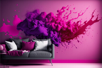 A beautiful render of a room with Pantone magenta decor and colorful furniture pieces