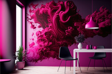 A cozy bedroom with magenta Pantone decoration and comfortable furniture