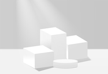 Abstract 3d podium for product presentation with geometric shapes, Empty round podium,Platforms for product presentation and shadows and light.