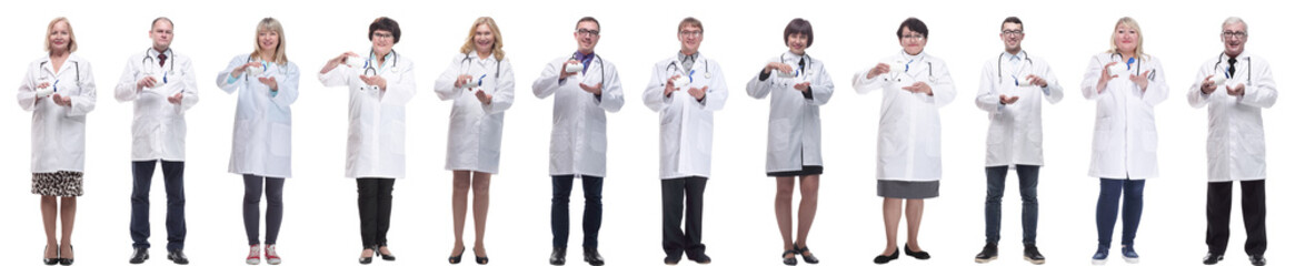 Fototapeta premium group of doctors holding jar isolated on white
