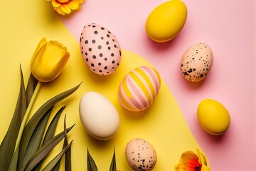 Fototapeta na wymiar Easter eggs with flowers. Pastel background.