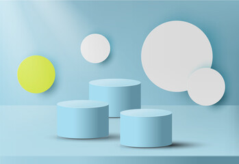 Abstract 3d podium for product presentation with geometric shapes, Empty round podium,Platforms for product presentation and shadows and light.