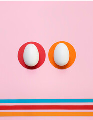 Creative concept of Easter eggs on pink background with colored paper. 70 style art. Flat lay.