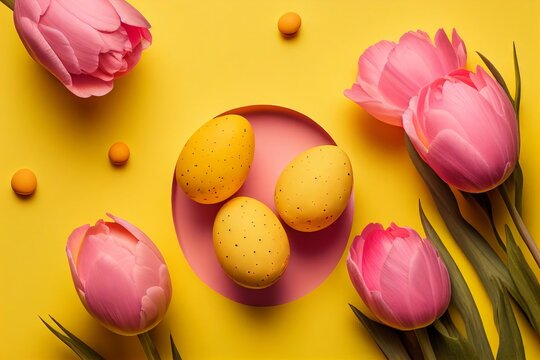 
Easter eggs with flowers. Pastel background.