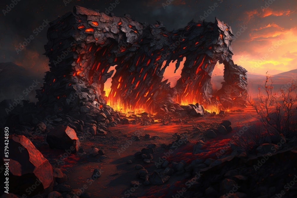 Poster the photorealistic computer graphics feature a crumbling old wall set against a blazing field of lav