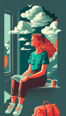 Young woman drawing dreams on top of the clouds. Sensation of reaching unimaginable heights. Feeling of freedom, possibility and hope. Lady is imagining something magical and fascinating. Ai generated