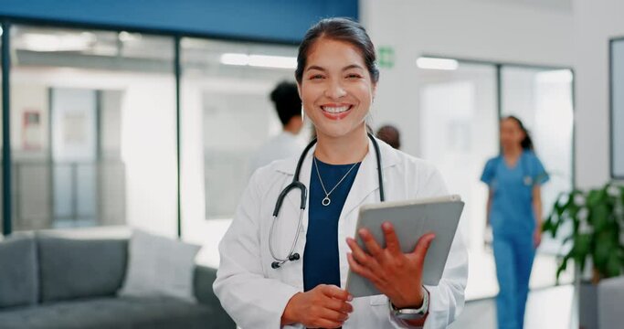 Happy woman or doctor face in busy hospital with tablet for healthcare services, leadership and career mindset. Portrait of medical professional or female on telehealth app for clinic job management