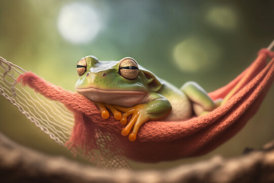Closeup portrait of cute frog sleeping in a hammock. Generative AI.