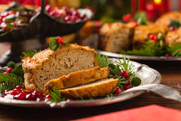 Small, baked patties in Christmas retro styling. Front view. Natural wooden background.