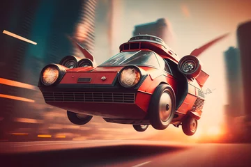 Fotobehang AI Generative. Futuristic red car flying in a sky, transportation concept © lublubachka