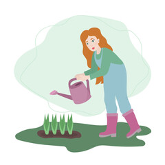 Woman with watering can. Female gardener watering plants in spring. Illustartion in flat cartoon style
