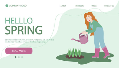 Woman digging up ground with shovel. Woman working in garden. Illustartion in flat cartoon style. Web page banner