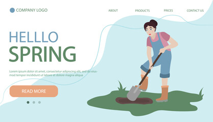 Woman digging up ground with shovel. Woman working in garden. Illustartion in flat cartoon style. Web page banner
