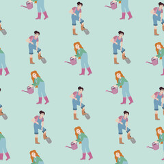 Seamless pattern wirh woman with watering can and woman digging up ground with shovel. Spring concept