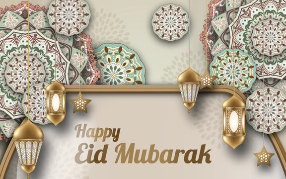 A happy eid mubarak greeting card with a mandala colorful,lantern,and frame islamic.