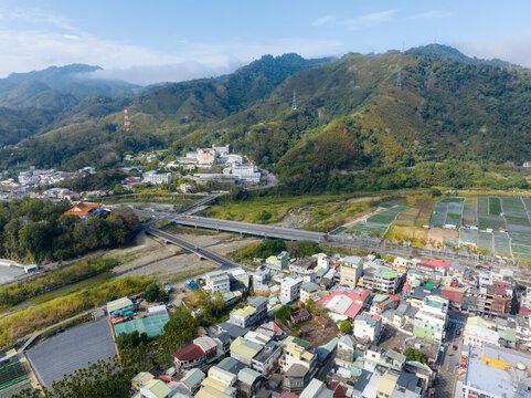 Top view of the strawberry field and village  in Dahu in Miaoli of Taiwan