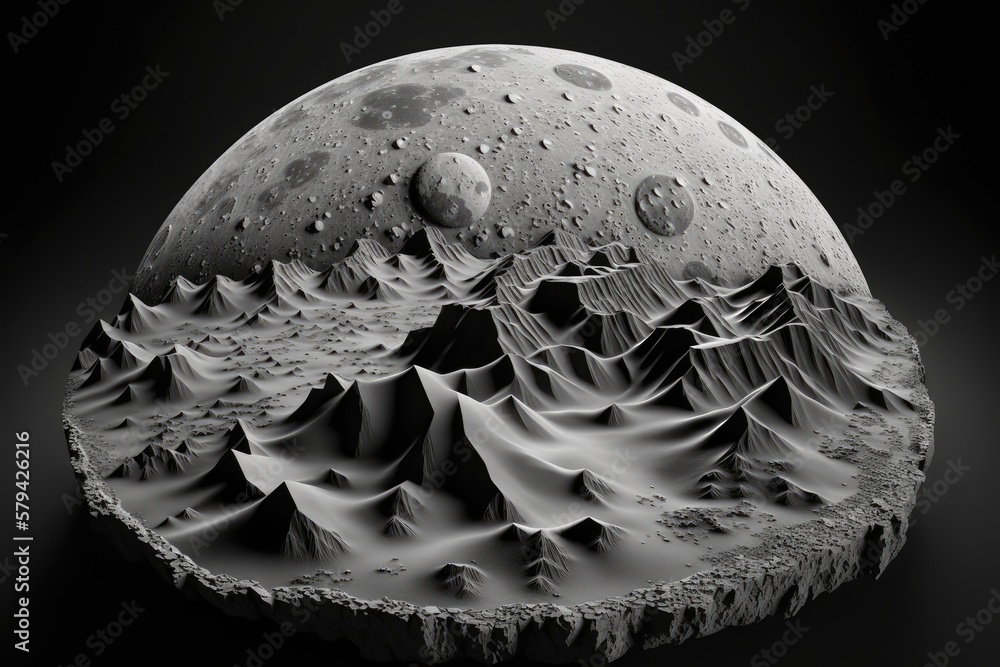 Poster white backdrop with a high resolution illustration of the moon's surface. generative ai