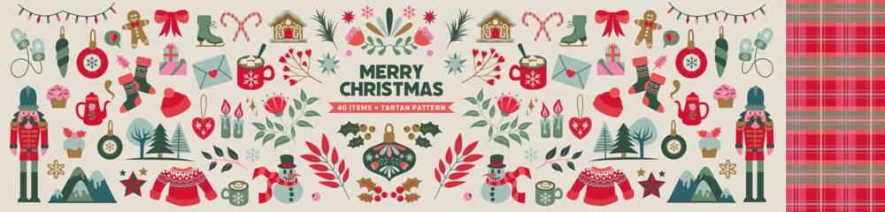  Christmas bundle. Icons set. Vector illustrations isolated on a white background.. Cozy winter Christmas holiday set design elements. Flat design.