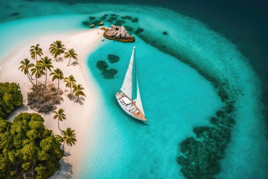 A white sailing yacht anchored in turquoise water near to a picture perfect white sand beach on a tropical island in the Caribbean San Blas Islands of Panama, as seen from above in a stunning drone sh