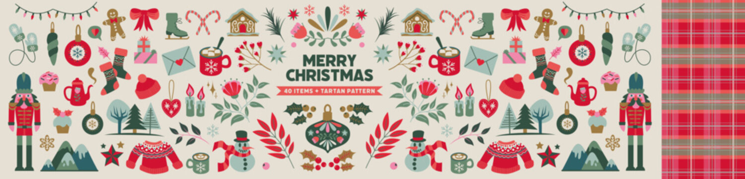  Christmas bundle. Icons set. Vector illustrations isolated on a white background.. Cozy winter Christmas holiday set design elements. Flat design.