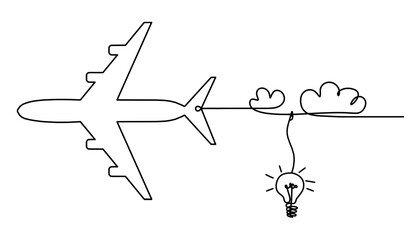 Abstract plane with light bulb as line drawing on white background