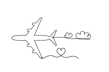 Abstract plane with heart as line drawing on white background