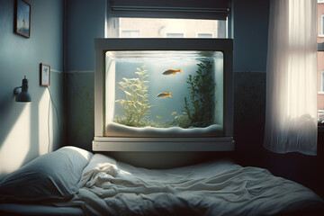 Minimalist bedroom with fish aquarium, sunlight passing through aquarium