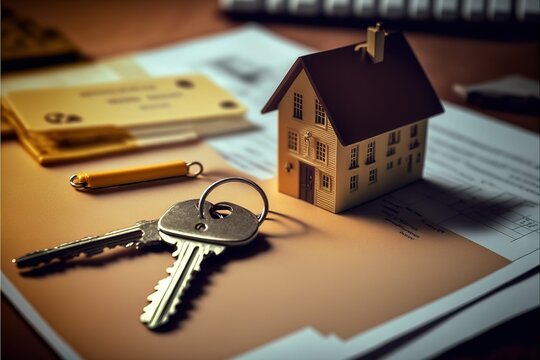 Concept of buying a house: miniature cottage and keys on the paper contract