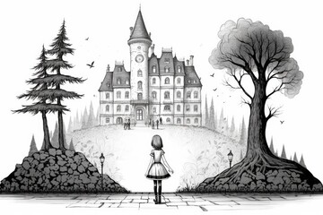 Magnificent realm fit for a princess, straight out of a fairy tale. Classical Hotel. Wonderland. Cartoon character drawn in black and white on a white background. Content aimed at kids. Lovely tale ab