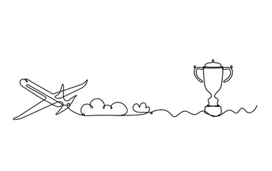 Abstract plane with trophy as line drawing on white background