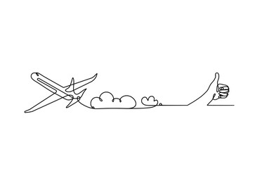 Abstract plane with hand as line drawing on white background