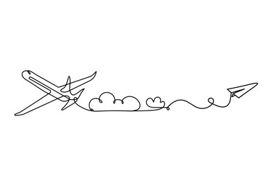 Abstract plane with paper plane as line drawing on white background