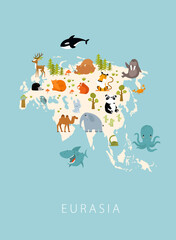 Print. Eurasia map with animals. Cartoon animals. Tiger, bear, elephant, squirrel, deer, fox, hare, panda, whale, octopus, shark. Poster for children. Education for preschoolers.