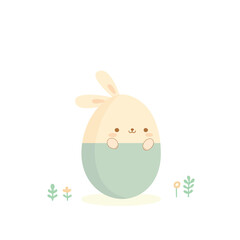 Cute Easter bunny sitting in an egg shell on spring meadow in kawaii style. Small tender flowers and plants. Happy holiday card template design element