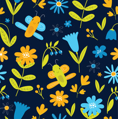 Vector bright floral pattern with butterflies. Seamless nature background with cartoon butterflies. Fabric, paper, wallpaper. Children's pattern. Prints for clothes