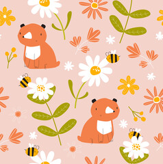 Pink pattern with teddy bear, bees and flowers. Spring seamless background with bear, daisies and bees. Cartoon bear. Pastel nature background. Fabric, paper, wallpaper.