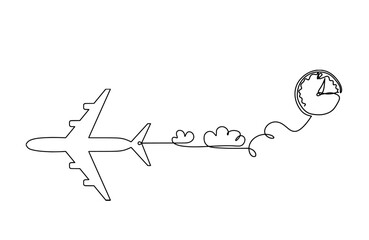 Abstract plane with clock as line drawing on white background