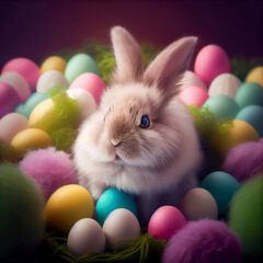 Cute rabbit as easter bunny sitting with easter eggs and flowers. Generative AI