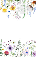 Border made of watercolor wild flowers and leaves, summer wedding and greeting illustration - obrazy, fototapety, plakaty