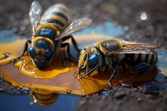 Insecticide. Bees in the puddle of toxic waste