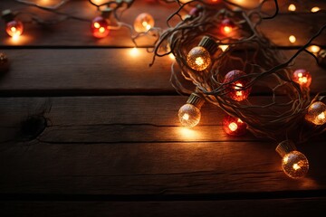 A Cozy Christmas Setting: Glowing Lights on a Rustic Wooden Table - Generative AI