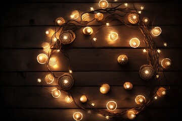 Enchanting Holiday Decor: Radiant Christmas Lights on a Wooden Table - Generative AI