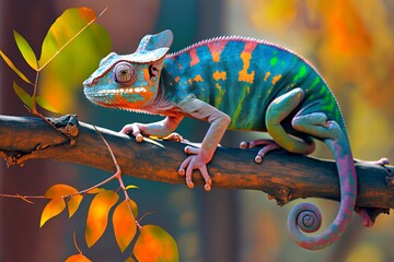 Fototapeta premium Nature's artwork: colorful chameleon captured in the wild - Generative AI