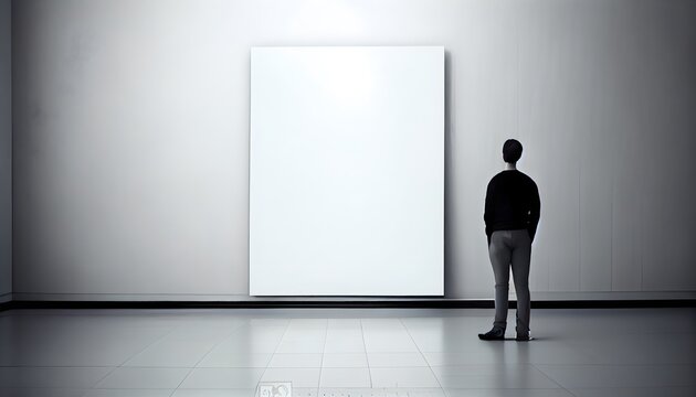 person in a exhibition room, man standing in front of a blank canvas, generative ai, modern mockup design for advertising, looking paint art concept