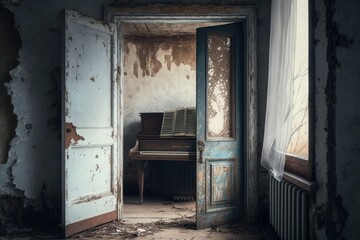 A rusty piano in a white room with a door and a window. Generative AI