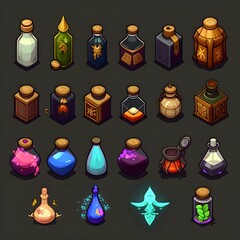 Set of RPG game icons, sprite sheet of magic potions, generative ai, 2d magical element icon, collection of alchemy bottle spell button