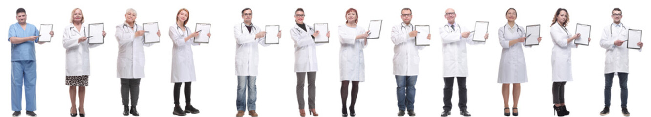full length group of doctors with notepad isolated