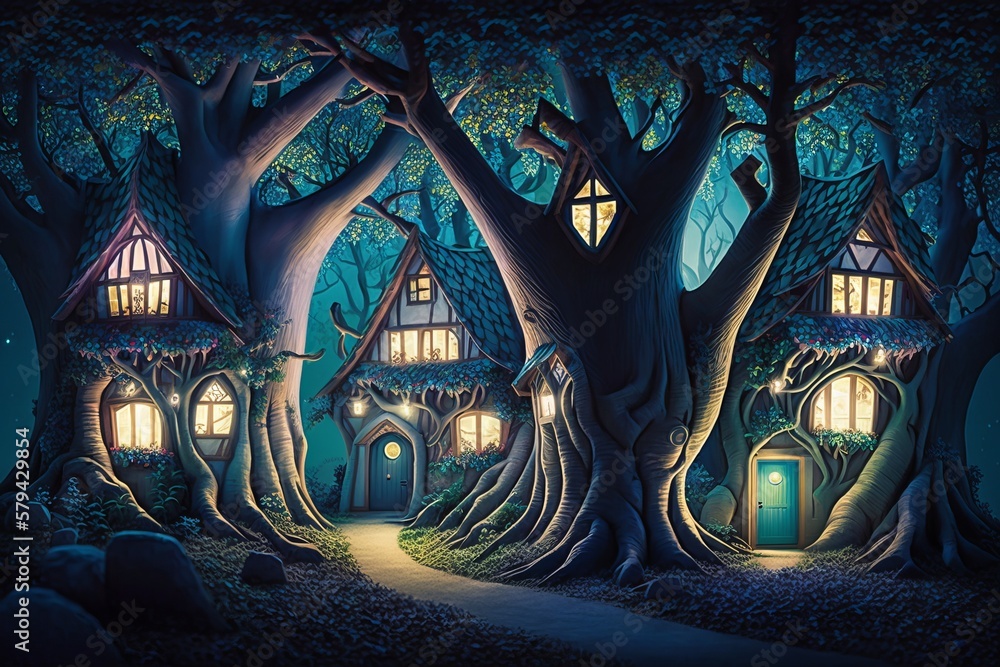 Poster hidden in the trees: houses in the enchanted forest - generative ai